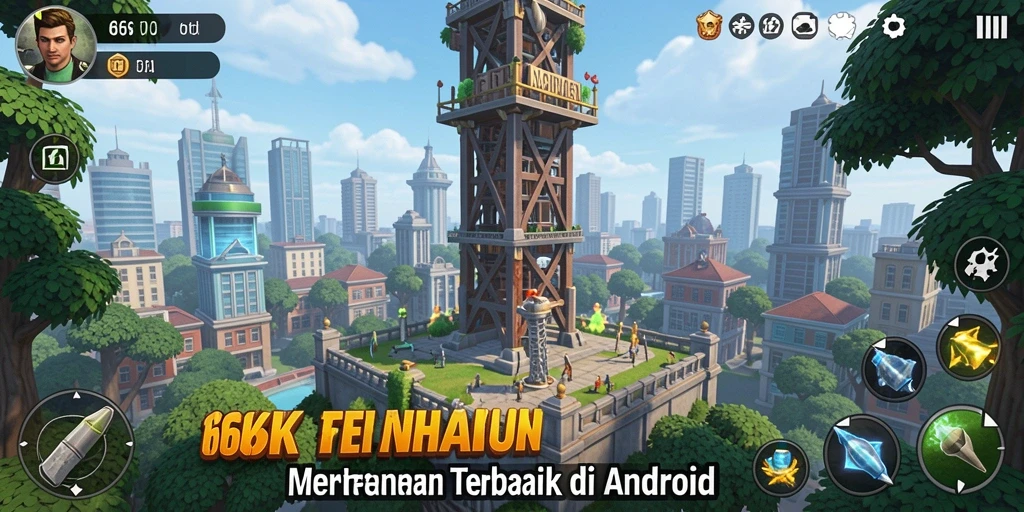 Screenshot gameplay dari 66K menunjukkan menara pertahanan yang kokoh.