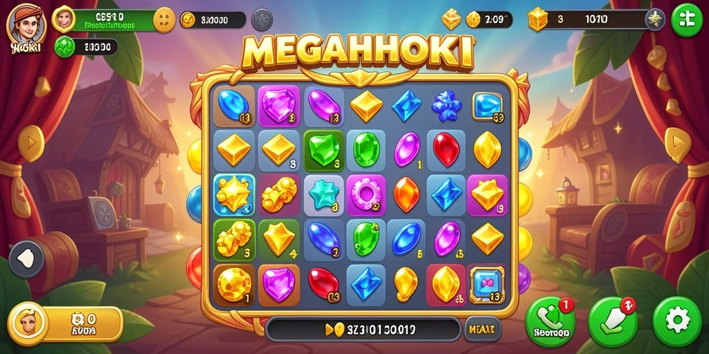Tampilan gameplay seru MEGAHOKI dengan kombinasi permata.