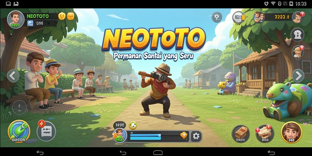 Screenshot gameplay NEOTOTO menunjukkan dunia penuh warna yang menawan.