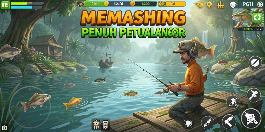 Tampilan gameplay PG11 menampilkan momen memancing yang mendebarkan dan penuh warna.