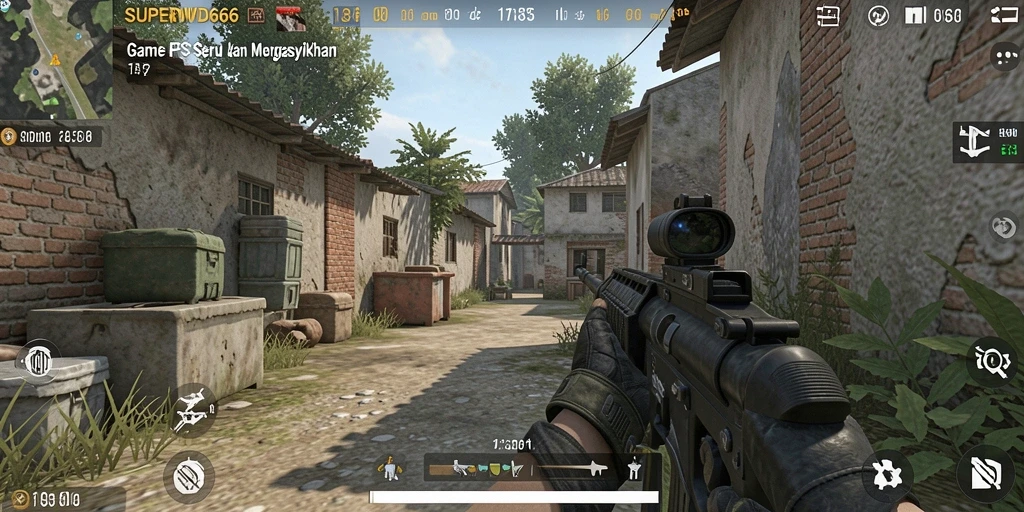 Screenshot utama menunjukkan aksi intens dalam permainan FPS SUPERWD666.